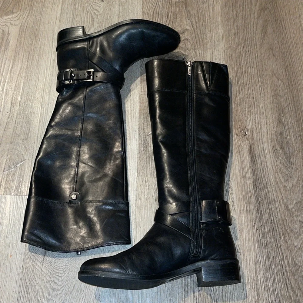 Vince Camuto Pazell Black Leather Riding Boots Buckle Accent Size 6